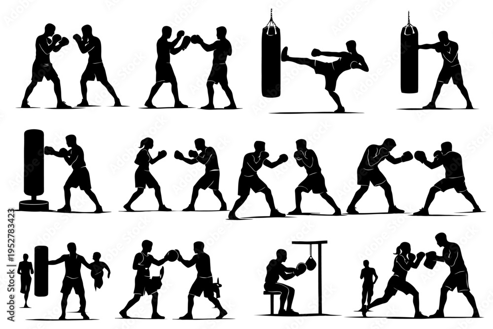 Fototapeta premium Silhouettes of male boxers in various training and sparring poses.