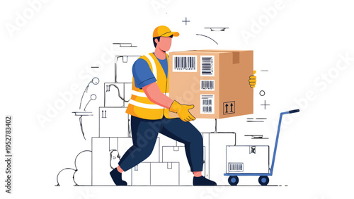 Delivery Service: A dedicated delivery man, adorned in a cap and reflective vest, efficiently transports a sizable parcel, expertly navigating through an array of stacked packages.