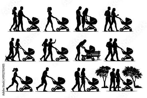 Silhouette collection of diverse couples strolling with baby strollers and pets.