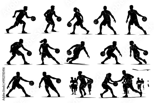Silhouette basketball players dribbling and passing in dynamic poses.
