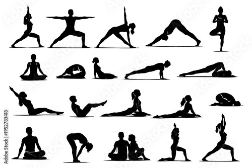Silhouettes of people practicing various yoga poses in different positions.