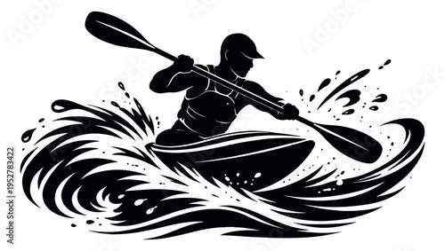Silhouette illustration of a kayaker depicting intense paddling for water sports and outdoor adventure