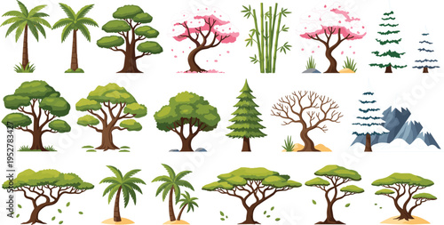 Global tree species vector illustration set featuring tropical palms cherry blossoms bamboo pine trees savanna acacia and winter mountains for landscape and nature design.