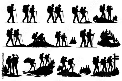 Silhouette of diverse hikers trekking on mountain paths.