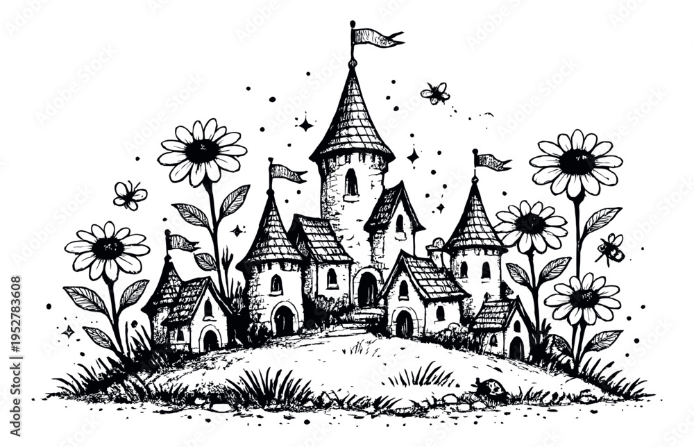 Naklejka premium Hand drawn line art illustration of a fantasy castle village depicting a whimsical scene for children's stories
