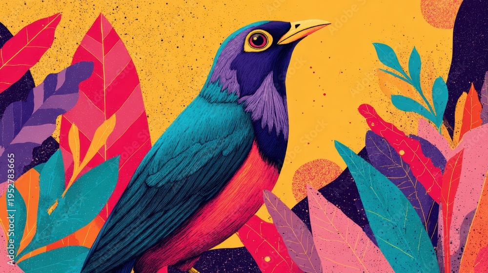 Obraz premium Vibrant Digital Illustration of a Colorful Bird Perched Among Lush Tropical Foliage and Bright Background Elements