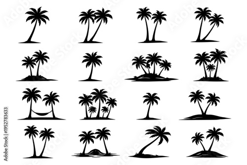 Collection of palm tree silhouettes on white background.
