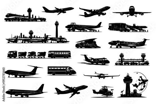 Silhouette collection of aircraft, airports, and ground transport vehicles.