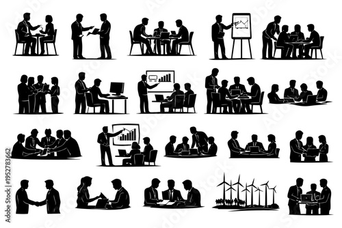 Business meeting silhouettes with teams collaborating and presenting ideas.