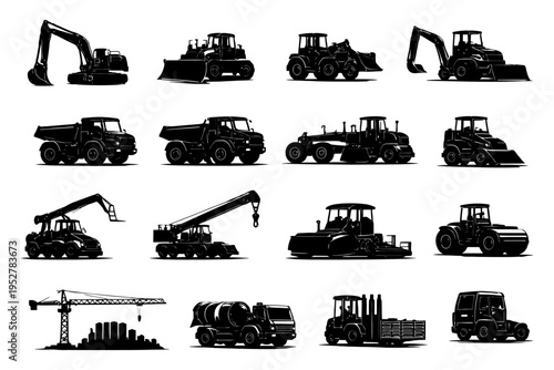 Silhouette collection of construction vehicles and heavy machinery.