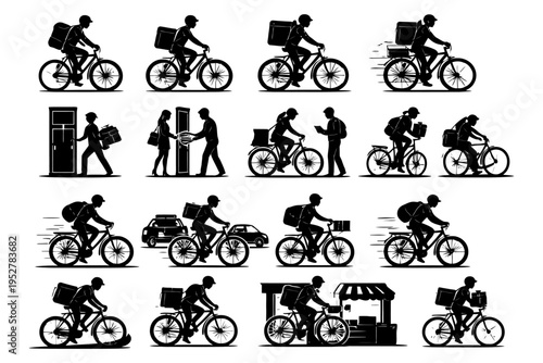 Silhouette delivery bicyclists and couriers in various action poses.