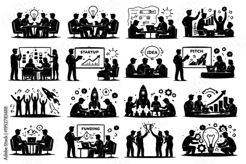 Silhouettes illustrating startup process from pitch to success.