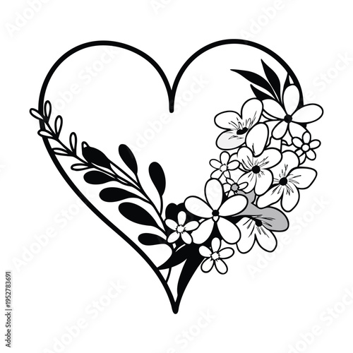 Black heart shape floral vector icon with flowers and leaves
