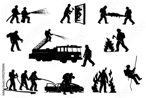 Silhouettes of firefighters in action: heroic poses and emergency scenes.