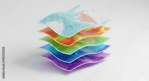 3D stacked layers with topographic and climate data visualizations, illustrating geographical information systems and data analysis