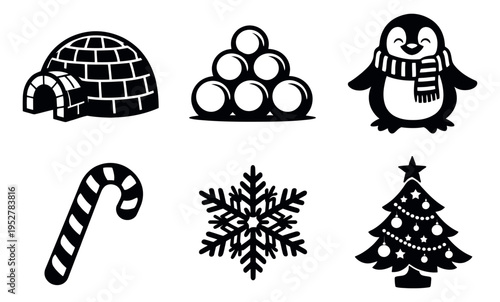 Cute winter and holiday icon set featuring an igloo, penguin, and festive symbols for seasonal designs