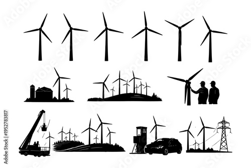 Wind turbines and renewable energy silhouettes with maintenance crew.