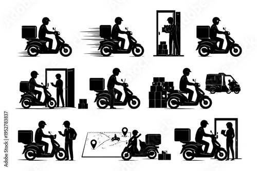 Silhouette series of delivery process with courier and customer interactions.