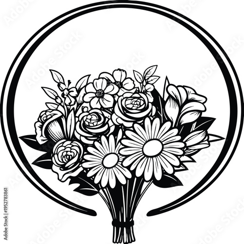 Black and white floral bouquet illustration in circle frame