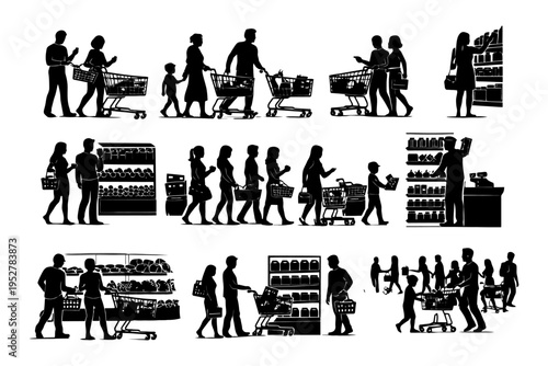 Silhouette shopping scene with diverse shoppers in grocery store setting.