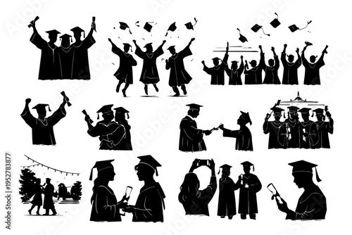 Silhouetted graduation ceremony celebrations with diverse students.