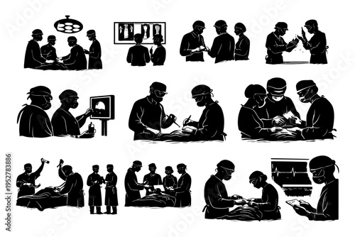 Silhouettes of surgeons performing various medical procedures.