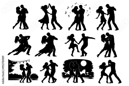 Silhouettes of couples dancing salsa and tango under moonlight.
