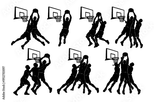 Silhouettes of basketball players in various jump shots and dunks.