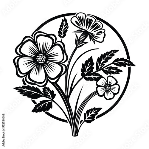 Black and white floral vector illustration, single circular design