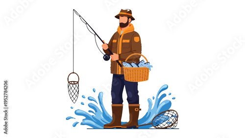 Fisherman's Bounty: A fisherman stands tall, embodying the spirit of the sea, with his fishing rod at the ready. A basket brimming with the day's catch beside him.