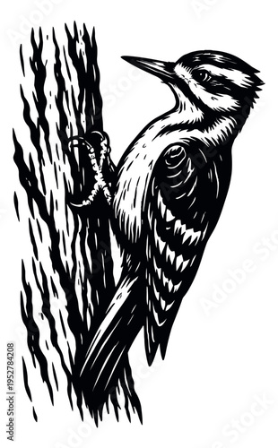 Hand drawn illustration of a woodpecker depicting it clinging to a tree trunk for wildlife designs