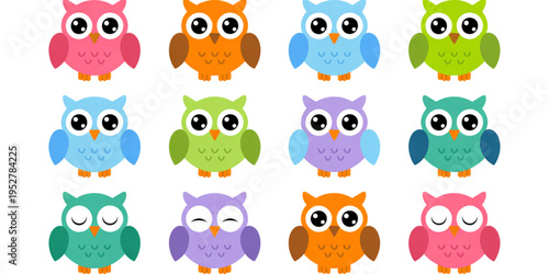 A collection of colorful cartoon owls with diverse expressions and vibrant hues for graphic design Vector