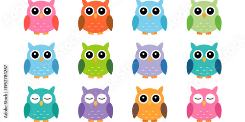 A collection of colorful cartoon owls featuring various bright hues and different facial expressions Vector