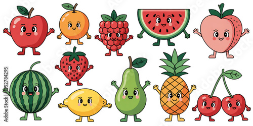 A collection of colorful and cheerful cartoon fruits with happy faces and cute expressive limbs Vector