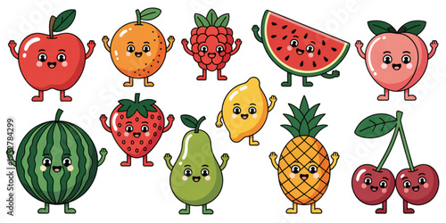 A collection of cute and happy cartoon fruits with friendly faces and arms and legs for kids art Vector