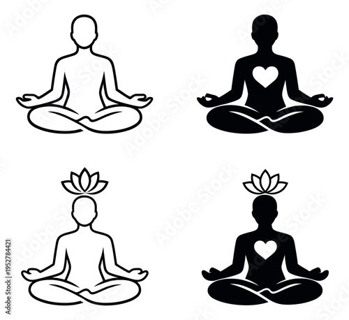 Line art and silhouette meditation symbols set featuring people in lotus pose with lotus flower and heart for yoga, wellness, and spiritual design