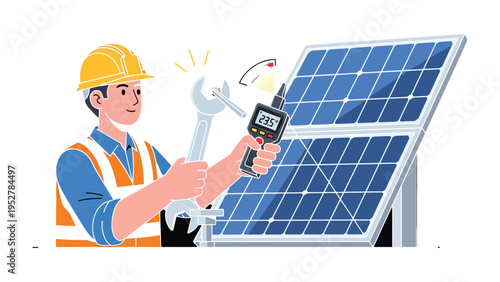 Renewable Energy Engineer: A skilled engineer, helmeted and vest-clad, meticulously inspects a solar panel with precision tools.