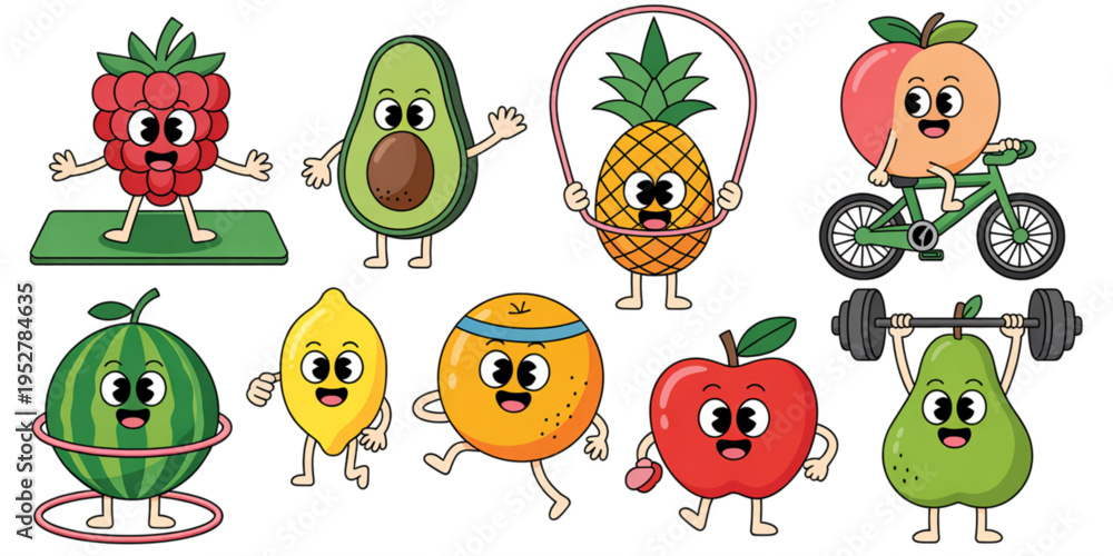 Obraz premium A collection of cute cartoon fruits and vegetables exercising and living an active healthy life Vector