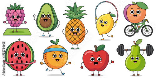 A colorful collection of cute cartoon fruits exercising and living a healthy active lifestyle Vector