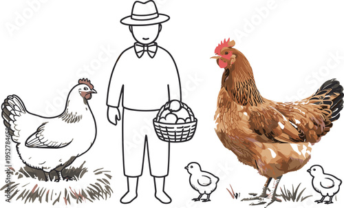 Farmer With Basket Of Eggs And Chickens In Field