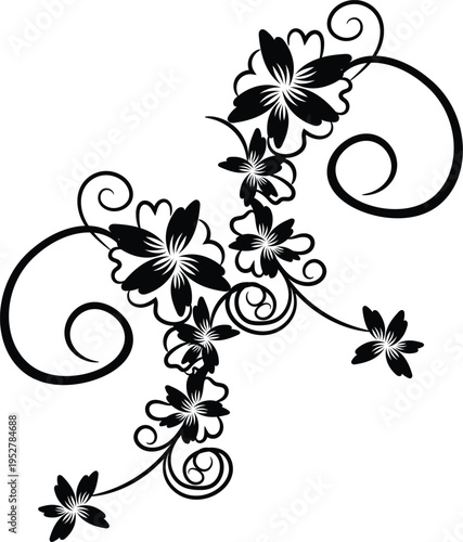 Abstract floral pattern with ornate leaves and decorative swirls in black vintage style