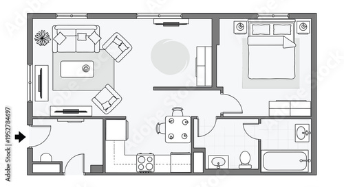 A detailed floor plan of a modern home with various rooms and furniture, Generative AI.