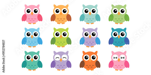 A collection of twelve colorful cartoon owl characters displayed in a grid for graphic design use Vector