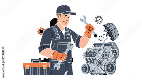 Mechanic and Engine Illustration: A skilled mechanic, equipped with tools, works diligently on an engine, embodying the precision and expertise required for mechanical repair. 