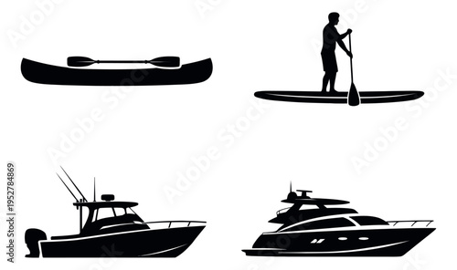 Silhouette water sports and boat set featuring a canoe, stand up paddleboard, fishing boat, and yacht for outdoor recreation and summer activities