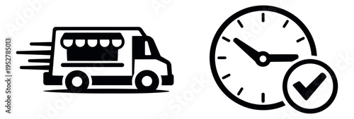 Logistics icon set featuring a delivery truck with speed lines and a clock with a checkmark for fast and reliable service