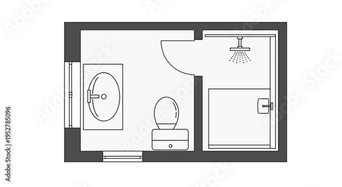 A simple black and white line drawing of a small bathroom floor plan with a toilet sink and shower, Generative AI.