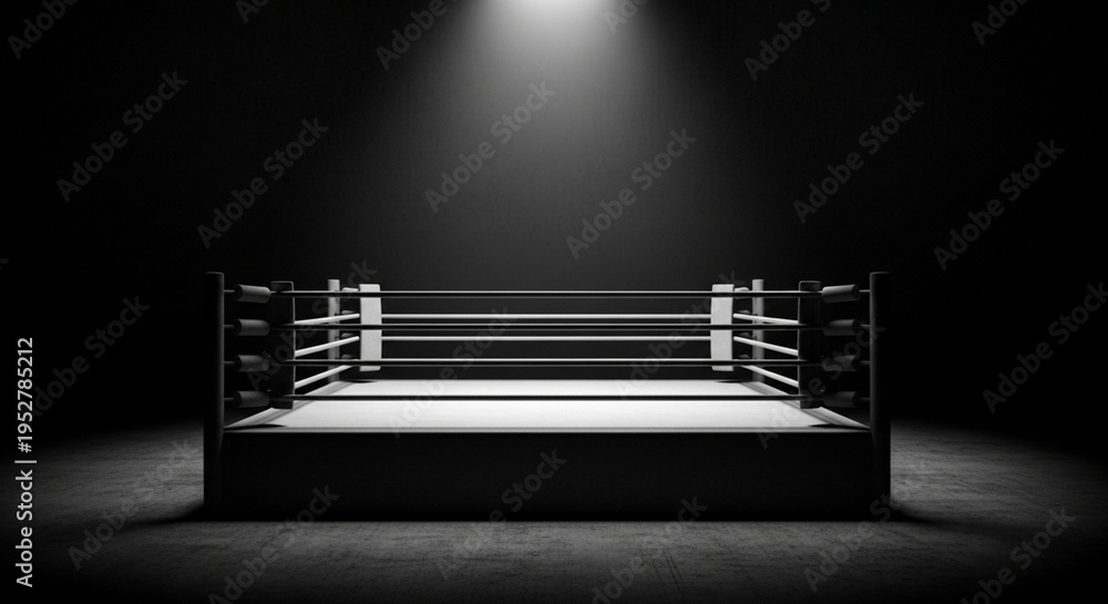 Obraz premium Empty professional boxing ring under dramatic spotlight in dark arena for sports competition