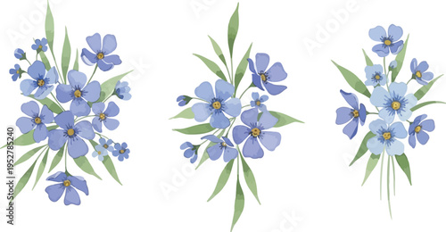 Beautiful watercolor blue flowers with delicate green leaves arranged in three separate bouquets on a clean white background.