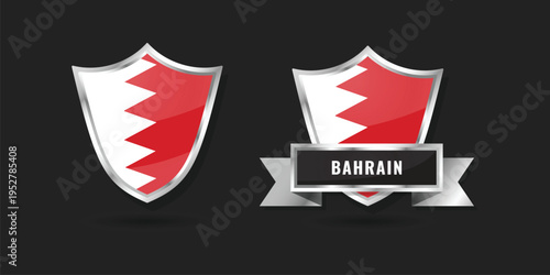 Professional glossy silver shield emblems featuring the flag of Bahrain. Features the serrated white and red design. Perfect for Arabic cultural, sports, and national celebration designs.